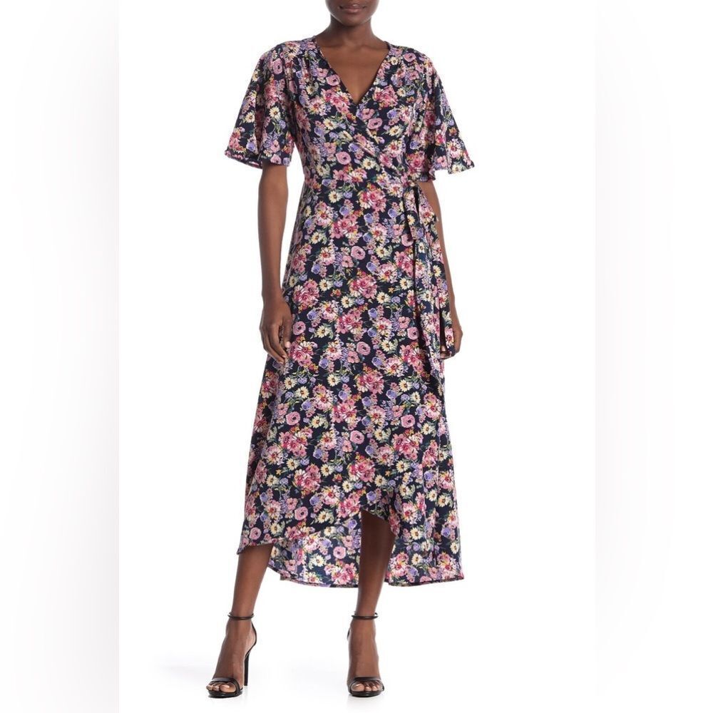 Bobeau Women's Floral Wrap Maxi Dress Short Sleeve flower pattern Sz S